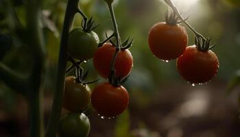 vers, rijp tomaten in een groente tuin, een gezond, groen maaltijd gegenereerd door ai foto