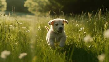 schattig puppy spelen in de gras, genieten van de zonnig buitenshuis gegenereerd door ai foto