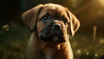 schattig puppy zittend in gras, op zoek Bij camera, genieten van natuur gegenereerd door ai foto