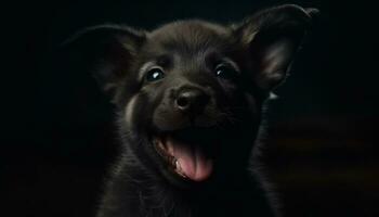 schattig pup, klein en pluizig, zitten, op zoek Bij camera gegenereerd door ai foto