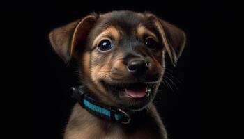 schattig puppy zitten, op zoek Bij camera, zwart achtergrond, speels natuur gegenereerd door ai foto