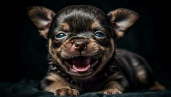 schattig klein puppy zitten, op zoek Bij camera, zwart achtergrond, speels gegenereerd door ai foto