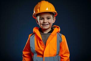 portret van een schattig weinig jongen in een bouw helm ai gegenereerd foto