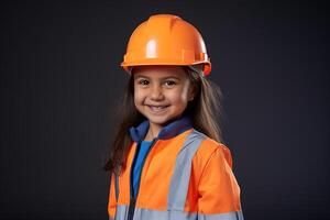 portret van een glimlachen weinig meisje in een bouw helm ai gegenereerd foto