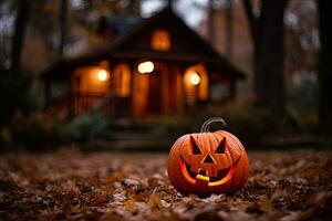 halloween pompoenen in voorkant van een huis Bij nacht, halloween achtergrond ai gegenereerd foto