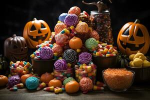 ai gegenereerd. halloween snoepjes en snoepgoed Aan donker achtergrond foto