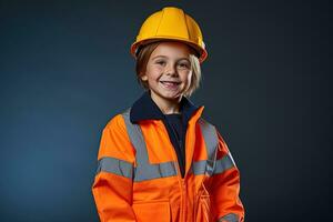 portret van een schattig weinig jongen in een bouw helm ai gegenereerd foto