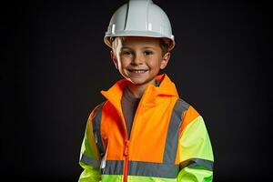 portret van een schattig weinig jongen in een bouw helm ai gegenereerd foto