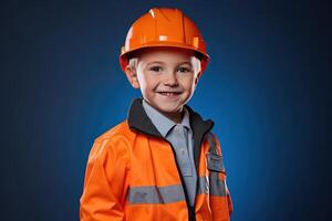 portret van een schattig weinig jongen in een bouw helm ai gegenereerd foto