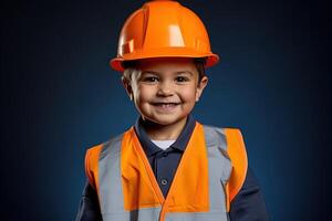 portret van een schattig weinig jongen in een bouw helm ai gegenereerd foto