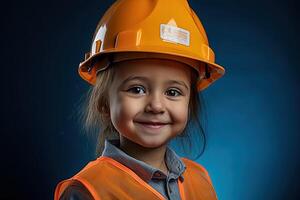 portret van een glimlachen weinig meisje in een bouw helm ai gegenereerd foto