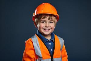 portret van een schattig weinig jongen in een bouw helm ai gegenereerd foto