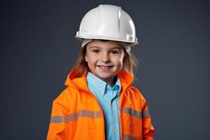 portret van een glimlachen weinig meisje in een bouw helm ai gegenereerd foto