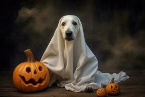 halloween thema. hond in geest kostuum met pompoenen Aan donker achtergrond ai gegenereerd foto