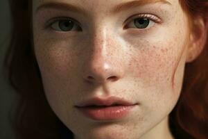 een dichtbij omhoog van een vrouw met sproeten, rosacea coupérose roodheid huid ai gegenereerd foto