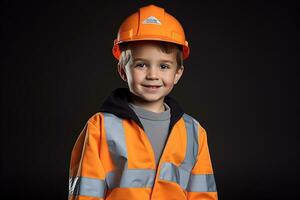 portret van een schattig weinig jongen in een bouw helm ai gegenereerd foto