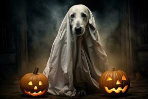 halloween thema. hond in geest kostuum met pompoenen Aan donker achtergrond ai gegenereerd foto