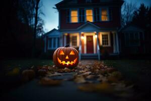 halloween pompoenen in voorkant van een huis ai gegenereerd foto