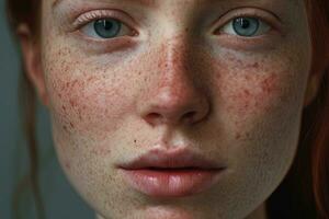 een dichtbij omhoog van een vrouw met sproeten, rosacea coupérose roodheid huid ai gegenereerd foto