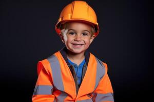 portret van een schattig weinig jongen in een bouw helm ai gegenereerd foto