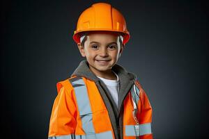 portret van een schattig weinig jongen in een bouw helm ai gegenereerd foto