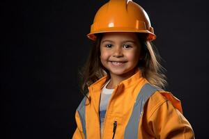 portret van een glimlachen weinig meisje in een bouw helm ai gegenereerd foto