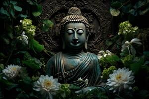 Boeddha standbeeld met lotus bloem en groen bladeren achtergrond ai gegenereerd foto