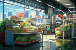 supermarkt groenten anime zichtbaar roman spel. genereren ai foto
