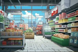 supermarkt anime zichtbaar roman spel. genereren ai foto