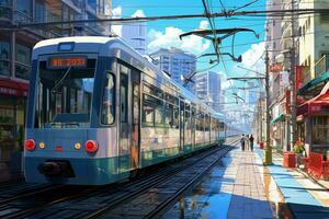 stad tram lijnen anime zichtbaar roman spel. genereren ai foto