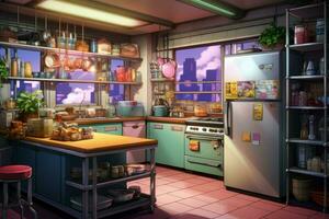 keuken kleurrijk anime zichtbaar roman spel. genereren ai foto