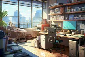 kantoor interieur schoon anime zichtbaar roman spel. genereren ai foto