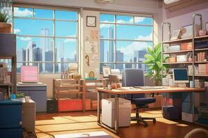 kantoor interieur binnen- anime zichtbaar roman spel. genereren ai foto