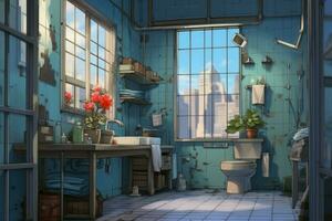 badkamer anime zichtbaar roman spel. genereren ai foto