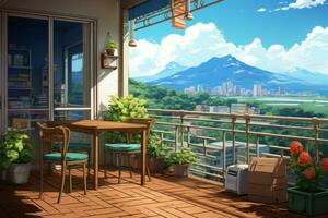 balkon landschap anime zichtbaar roman spel. genereren ai foto