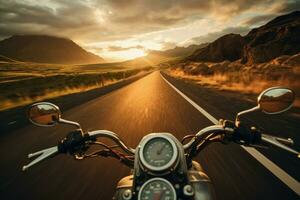 rijden motorfiets toneel- weg zonsondergang. genereren ai foto