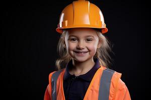 portret van een glimlachen weinig meisje in een bouw helm ai gegenereerd foto