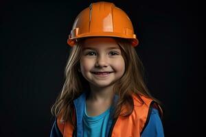 portret van een glimlachen weinig meisje in een bouw helm ai gegenereerd foto