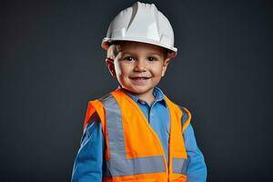 portret van een schattig weinig jongen in een bouw helm ai gegenereerd foto