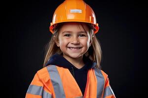 portret van een glimlachen weinig meisje in een bouw helm ai gegenereerd foto