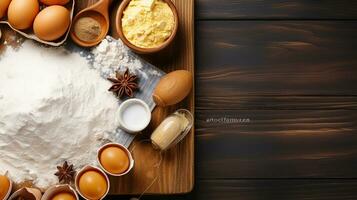 een tafel reeks met bakken gereedschap en ingrediënten voor taart magie. top visie foto