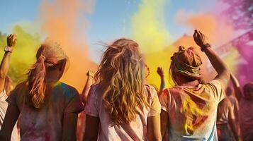 blij vrienden vieren holi festival samen foto