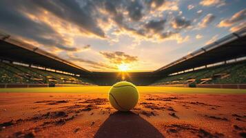 rechtbank rust. tennis bal Bij tennis rechtbank Bij zonsondergang foto