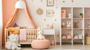 pluche speelgoed en decor sieren wit boekenkast in knus kinderkamer foto