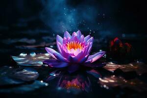 mooi roze water lelie of lotus bloem Aan donker achtergrond ai gegenereerd foto