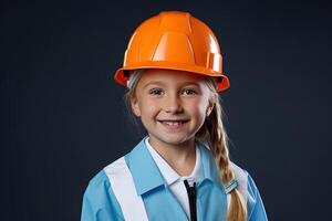 portret van een glimlachen weinig meisje in een bouw helm ai gegenereerd foto