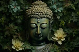 Boeddha standbeeld met lotus bloem en groen bladeren achtergrond ai gegenereerd foto