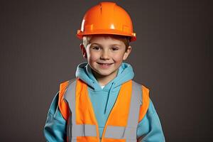 portret van een schattig weinig jongen in een bouw helm ai gegenereerd foto