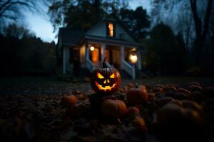 halloween pompoenen in voorkant van een huis Bij nacht, halloween achtergrond ai gegenereerd foto