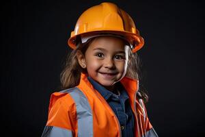 portret van een glimlachen weinig meisje in een bouw helm ai gegenereerd foto